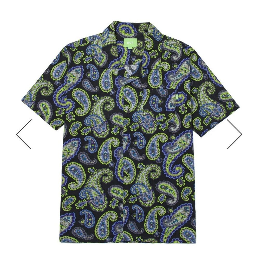 HUF Paisley Button Up Shirt Men’s Black Blue Short Sleeve Woven Print XL NWT